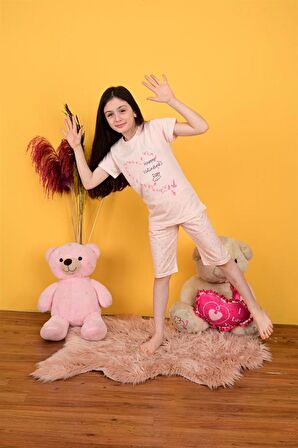 kız çocuk kapri pijama takımı happy day somon
