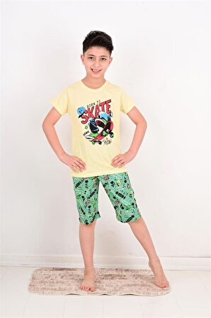 erkek çocuk kapri  pijama takımı born to skate sarı