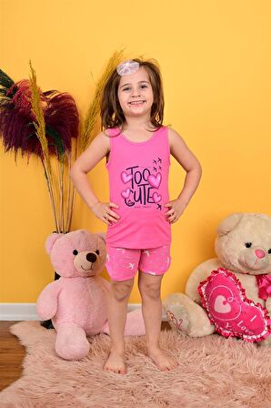 kız çocuk askılı pijama takımı too cute koyu pembe