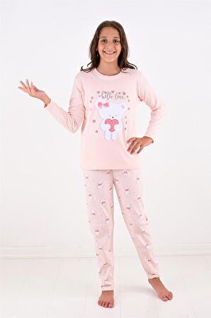 Kız Çocuk Uzun Kollu Fiyonklu Ayıcık Model Pijama Takımı