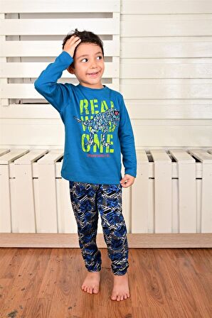 Erkek Çocuk Uzun Kollu Pijama Takımı Dino Rex İndigo