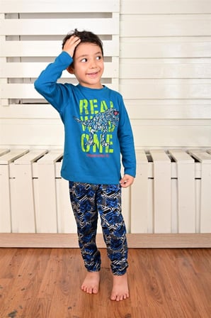 Erkek Çocuk Uzun Kollu Pijama Takımı Dino Rex İndigo