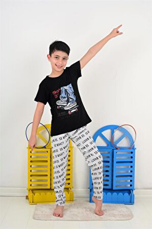 erkek çocuk kısa kollu pijama takımı so what skate model siyah