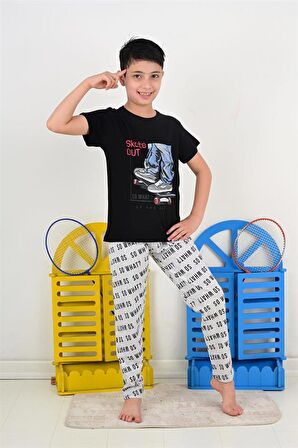 erkek çocuk kısa kollu pijama takımı so what skate model siyah