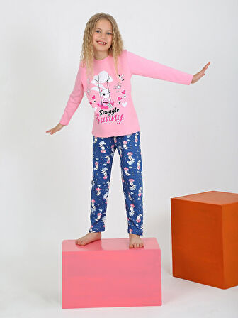 Kız Çocuk Uzun Kollu %100 Pamuklu Pijama Takımı Snuggle Bunny