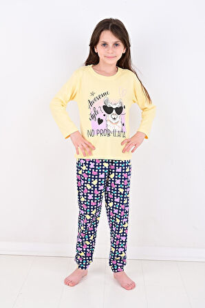 Uzun Kollu Kız Çocuk Pijama Takımı No Prob Lama 