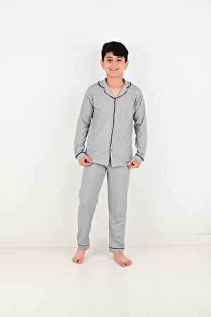 Erkek Çocuk Uzun Kollu %100 Pamuklu Düğmeli Pijama Takımı Mini Kare