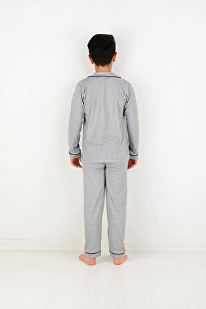 Erkek Çocuk Uzun Kollu %100 Pamuklu Düğmeli Pijama Takımı Mini Kare