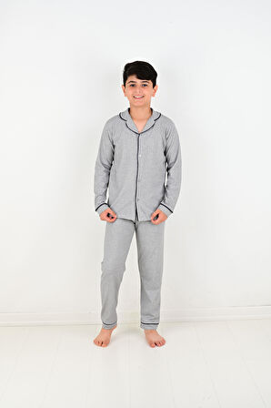 Erkek Çocuk Uzun Kollu %100 Pamuklu Düğmeli Pijama Takımı Mini Kare