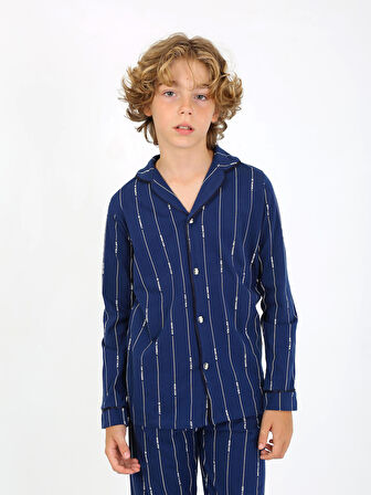 Erkek Çocuk Uzun Kollu %100 Pamuklu Düğmeli Pijama Takımı Leo Uzun