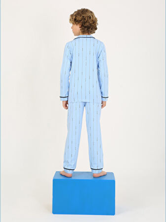 Erkek Çocuk Uzun Kollu %100 Pamuklu Düğmeli Pijama Takımı Leo Uzun