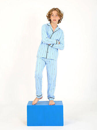 Erkek Çocuk Uzun Kollu %100 Pamuklu Düğmeli Pijama Takımı Leo Uzun