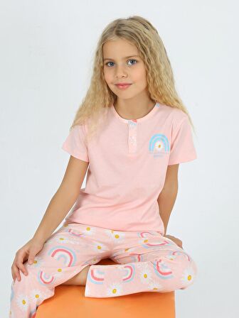 Kız Çocuk Kısa Kollu %100 Pamuklu Düğme Detaylı Rainbow Pijama Takımı Nar