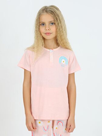 Kız Çocuk Kısa Kollu %100 Pamuklu Düğme Detaylı Rainbow Pijama Takımı Nar