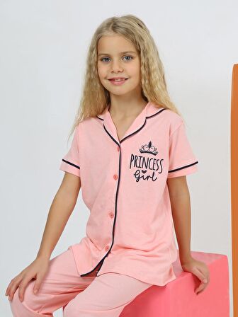 Kız Çocuk Kısa Kollu %100 Pamuklu Düğmeli Pijama Takımı Princess Pembe