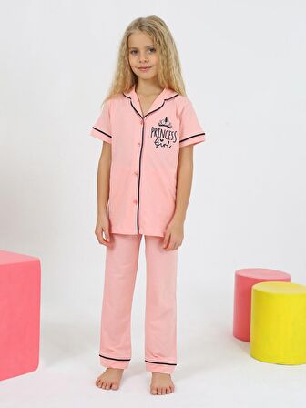 Kız Çocuk Kısa Kollu %100 Pamuklu Düğmeli Pijama Takımı Princess Pembe