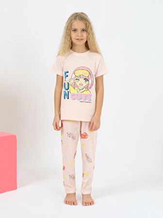 Kız Çocuk Kısa Kollu %100 Pamuklu Fun Cute Pijama Takımı
