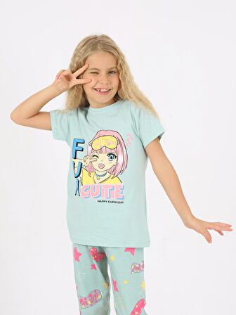 Kız Çocuk Kısa Kollu %100 Pamuklu Fun Cute Pijama Takımı