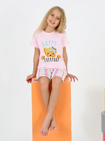 Kız Çocuk Kısa Kollu Kapri %100 Pamuklu Happy Bear Pijama Takımı Pembe