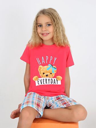 Kız Çocuk Kısa Kollu Kapri %100 Pamuklu Happy Bear Pijama Takımı Pembe