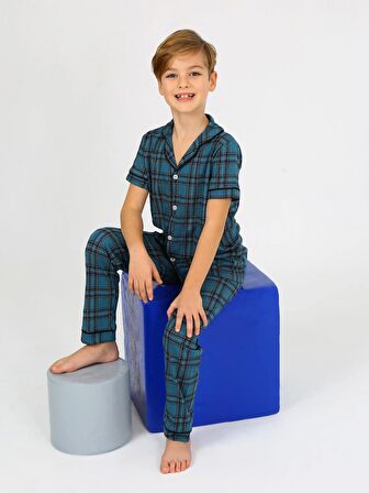 Erkek Çocuk Kısa Kollu %100 Pamuklu Düğmeli Pijama Takımı Nova Petrol