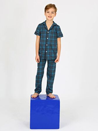Erkek Çocuk Kısa Kollu %100 Pamuklu Düğmeli Pijama Takımı Nova Petrol