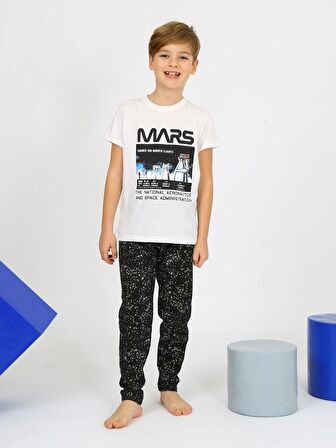 Erkek Çocuk Kısa Kollu %100 Pamuklu Mars Space Pijama Takımı İndigo