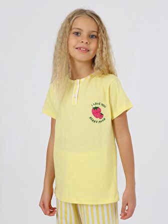 Kız Çocuk Kısa Kollu %100 Pamuklu Strawberry Pijama Takımı Sarı