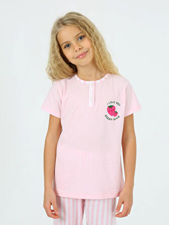 Kız Çocuk Kısa Kollu %100 Pamuklu Strawberry Pijama Takımı Pembe