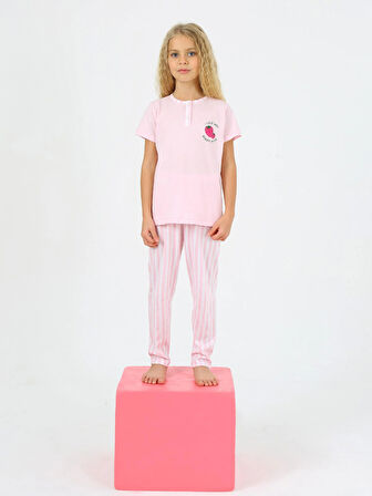 Kız Çocuk Kısa Kollu %100 Pamuklu Strawberry Pijama Takımı Pembe