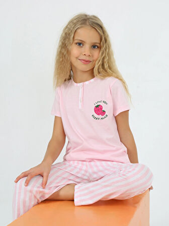 Kız Çocuk Kısa Kollu %100 Pamuklu Strawberry Pijama Takımı Pembe