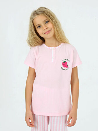 Kız Çocuk Kısa Kollu %100 Pamuklu Strawberry Pijama Takımı Pembe