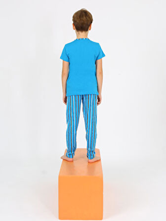 Erkek Çocuk Kısa Kollu %100 Pamuklu Düğme Detaylı Blue Wave Pijama Takımı Petrol