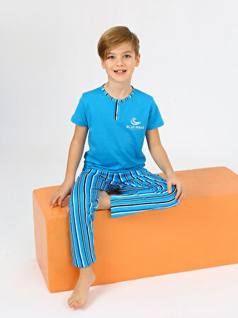Erkek Çocuk Kısa Kollu %100 Pamuklu Düğme Detaylı Blue Wave Pijama Takımı Petrol