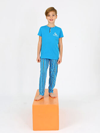 Erkek Çocuk Kısa Kollu %100 Pamuklu Düğme Detaylı Blue Wave Pijama Takımı Petrol