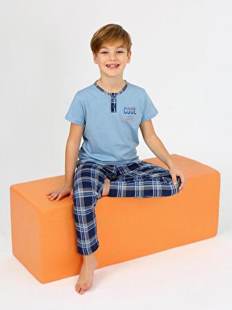 Erkek Çocuk Kısa Kollu %100 Pamuklu Düğme Detaylı Cool Boy Pijama Takımı Çağla