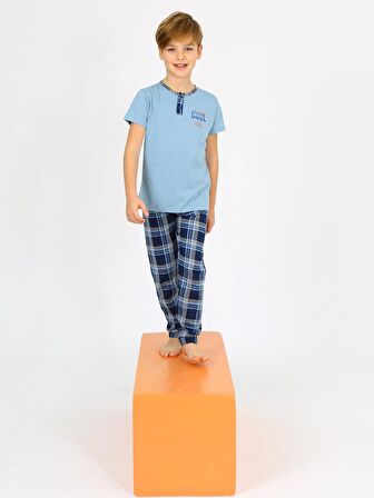 Erkek Çocuk Kısa Kollu %100 Pamuklu Düğme Detaylı Cool Boy Pijama Takımı Çağla