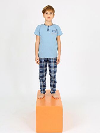 Erkek Çocuk Kısa Kollu %100 Pamuklu Düğme Detaylı Cool Boy Pijama Takımı Çağla