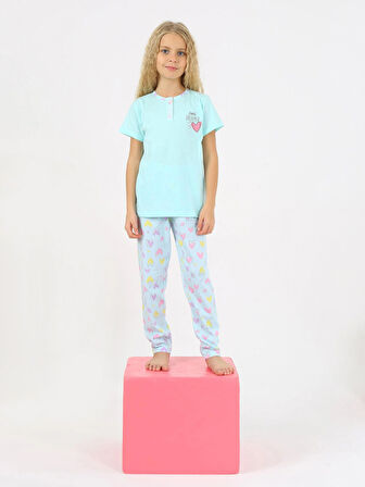 Kız Çocuk Kısa Kollu %100 Pamuklu Düğme Detaylı Little Dreamer Pijama Takımı Yeşil