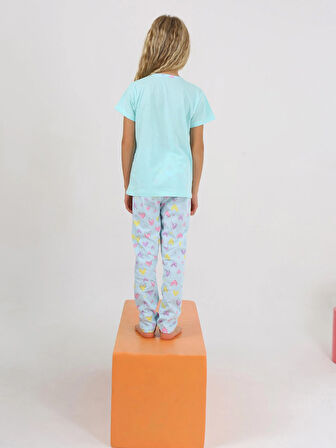 Kız Çocuk Kısa Kollu %100 Pamuklu Düğme Detaylı Little Dreamer Pijama Takımı Yeşil