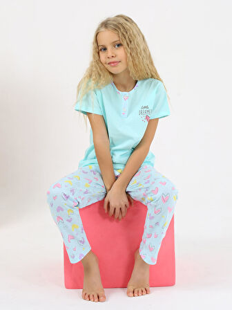 Kız Çocuk Kısa Kollu %100 Pamuklu Düğme Detaylı Little Dreamer Pijama Takımı Yeşil