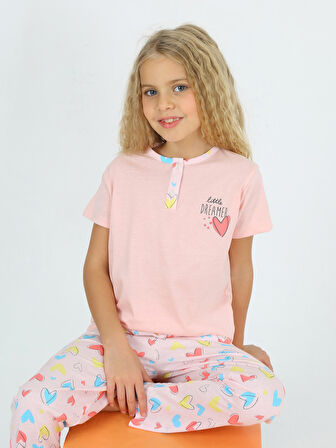 Kız Çocuk Kısa Kollu %100 Pamuklu Düğme Detaylı Little Dreamer Pijama Takımı Somon