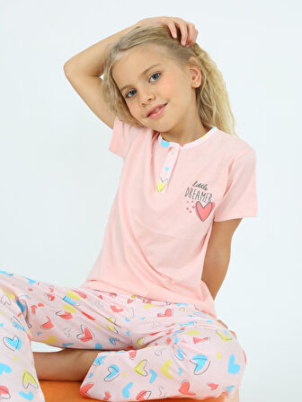 Kız Çocuk Kısa Kollu %100 Pamuklu Düğme Detaylı Little Dreamer Pijama Takımı Somon