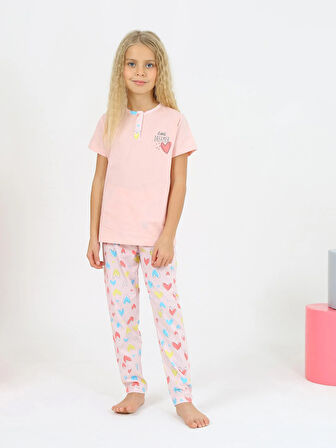 Kız Çocuk Kısa Kollu %100 Pamuklu Düğme Detaylı Little Dreamer Pijama Takımı Somon