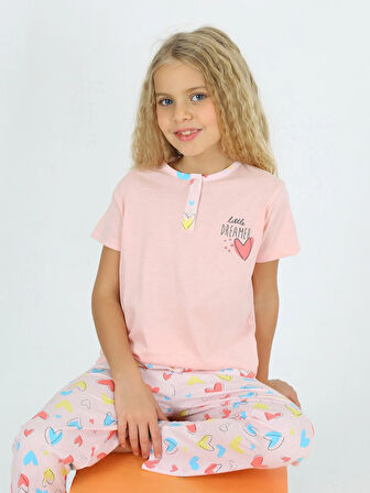Kız Çocuk Kısa Kollu %100 Pamuklu Düğme Detaylı Little Dreamer Pijama Takımı Somon