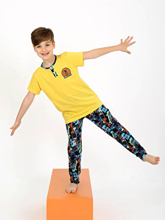 Erkek Çocuk Kısa Kollu Düğme Detaylı %100 Pamuklu Pijama Takımı Skate