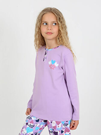 Kız Çocuk Uzun Kollu %100 Pamuklu Düğme Detaylı Pijama Takımı Love Me