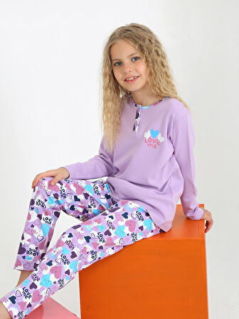 Kız Çocuk Uzun Kollu %100 Pamuklu Düğme Detaylı Pijama Takımı Love Me