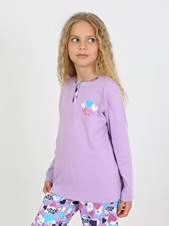 Kız Çocuk Uzun Kollu %100 Pamuklu Düğme Detaylı Pijama Takımı Love Me