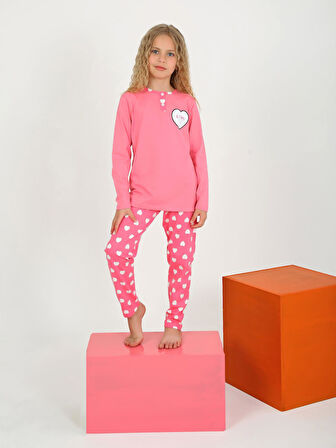 Kız Çocuk Uzun Kollu %100 Pamuklu Düğme Detaylı Pijama Takımı Je T'aime
